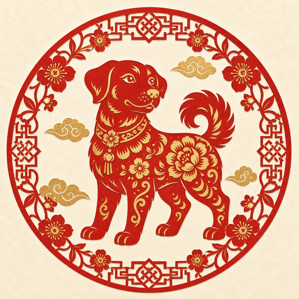 Papercut illustration of the Dog, 11th sign of the Chinese zodiac