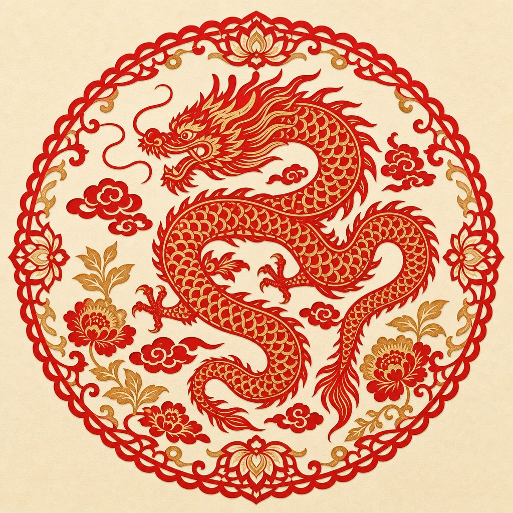 Papercut illustration of the Dragon, 5th sign of the Chinese zodiac