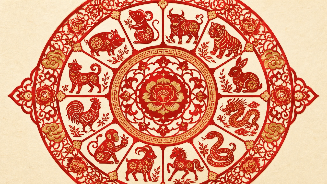 The twelve animals of the Chinese zodiac arranged around the wheel, in traditional papercut style