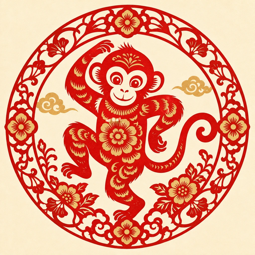 Papercut illustration of the Monkey, 9th sign of the Chinese zodiac