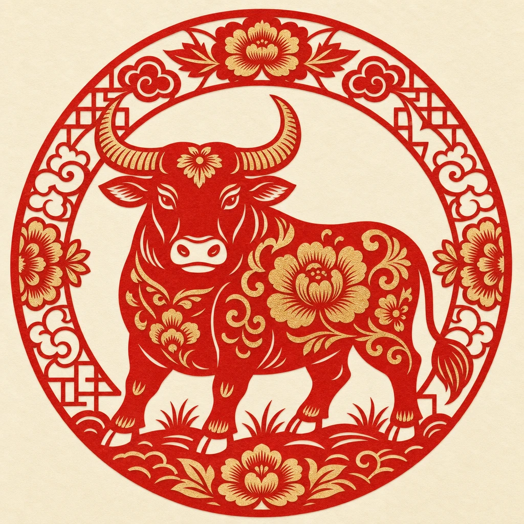 Papercut illustration of the Ox, 2nd sign of the Chinese zodiac
