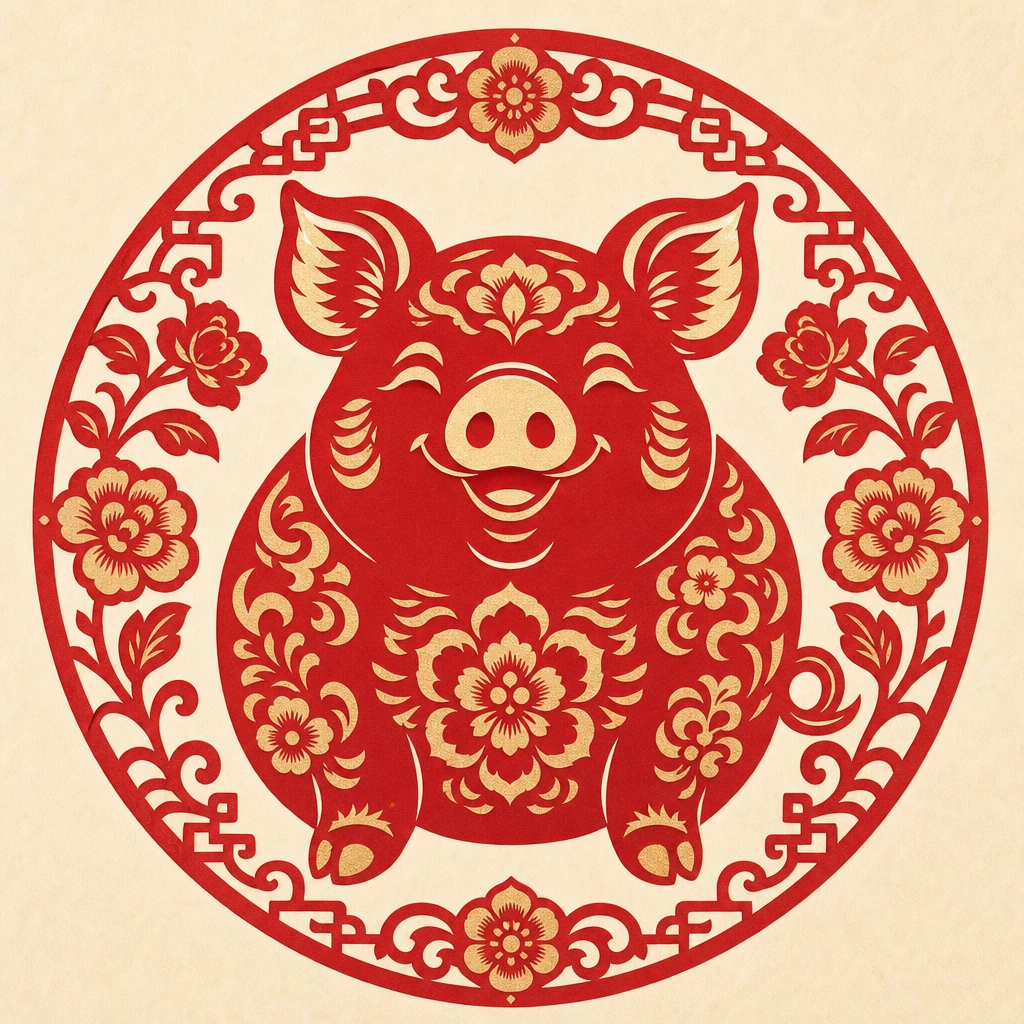 Papercut illustration of the Pig, 12th sign of the Chinese zodiac