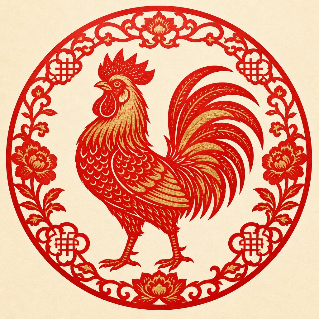 Papercut illustration of the Rooster, 10th sign of the Chinese zodiac
