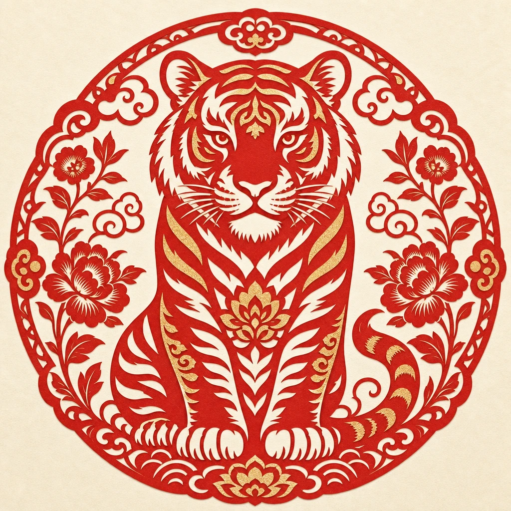 Papercut illustration of the Tiger, 3rd sign of the Chinese zodiac